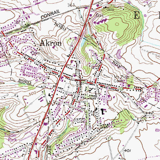 Topographic Map of Akron, PA