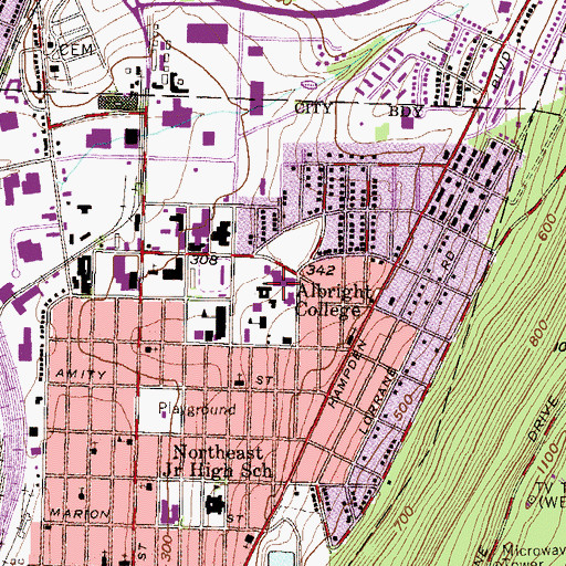 Topographic Map of Albright College, PA