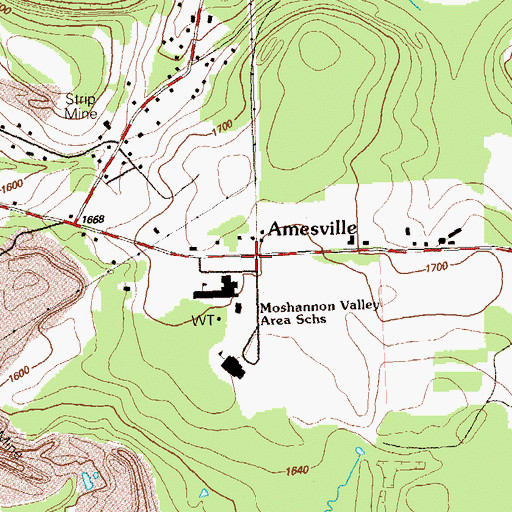 Topographic Map of Amesville, PA