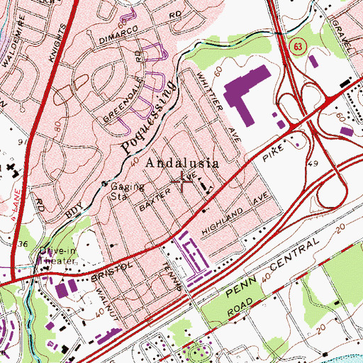 Topographic Map of Andalusia, PA