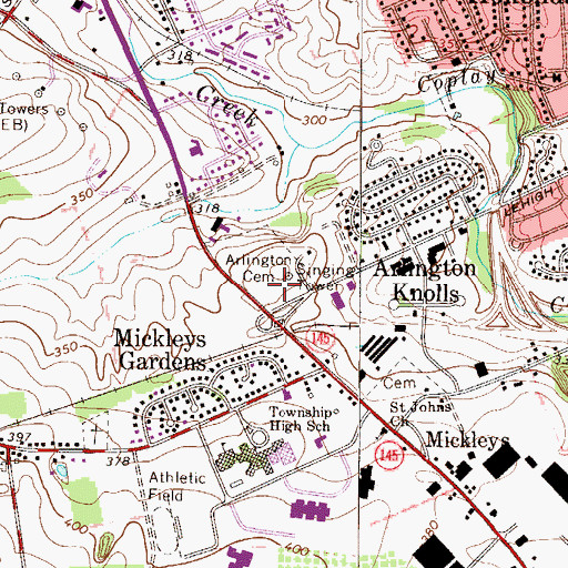 Topographic Map of Arlington Cemetery, PA