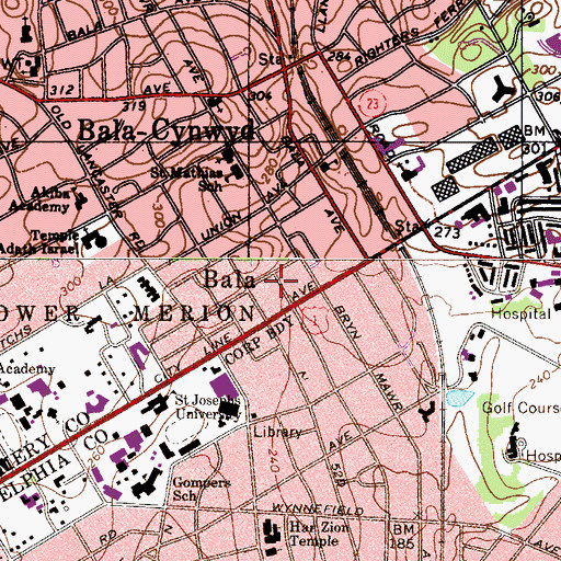 Topographic Map of Bala, PA