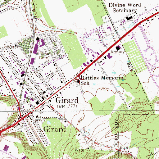 Topographic Map of Battles Memorial School, PA