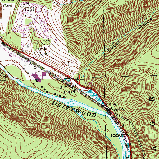 Topographic Map of Bauer Hollow, PA