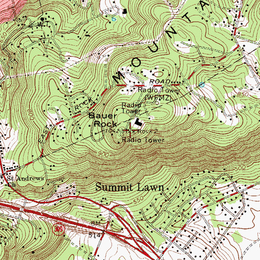 Topographic Map of Bauer Rock, PA