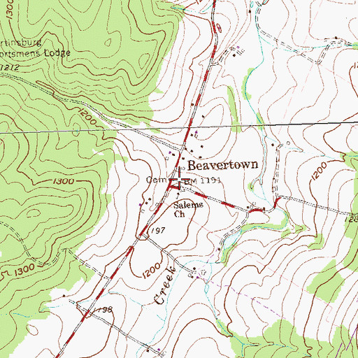Topographic Map of Beavertown, PA
