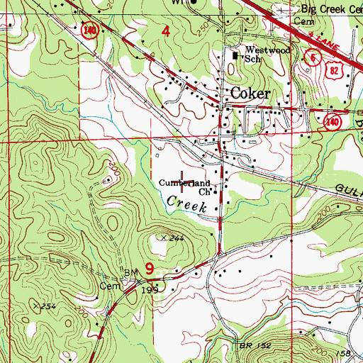 Topographic Map of Coker Cumberland Presbyterian Church, AL
