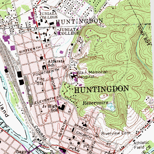 Topographic Map of J C Blair Memorial Hospital, PA