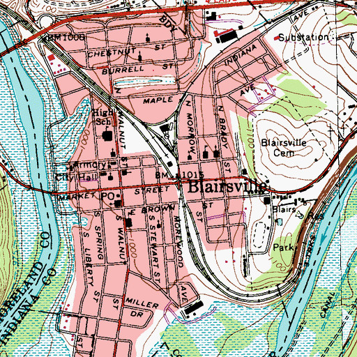 Topographic Map of Blairsville, PA