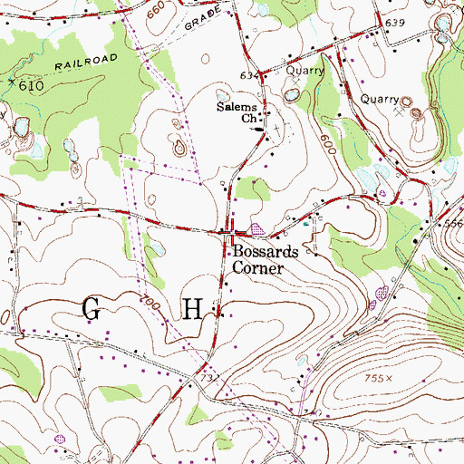 Topographic Map of Bossards Corner, PA
