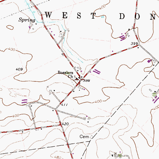 Topographic Map of Bosslers Church, PA