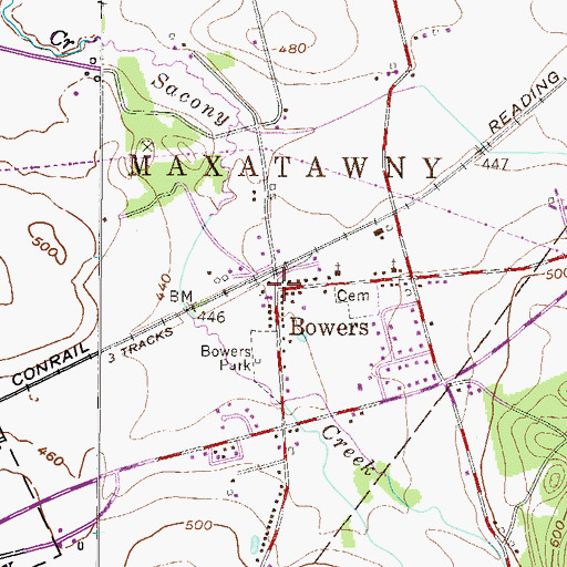 Topographic Map of Bowers, PA