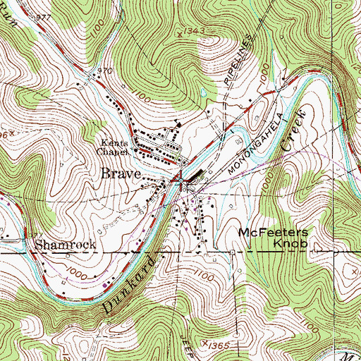 Topographic Map of Brave, PA
