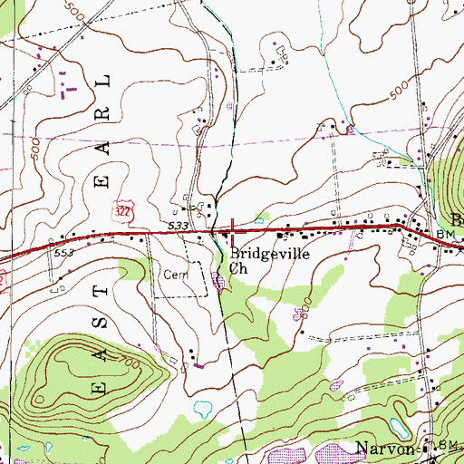 Topographic Map of Bridgeville Church, PA