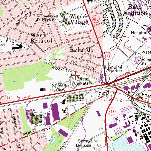 Topographic Map of Bristol Cemetery, PA