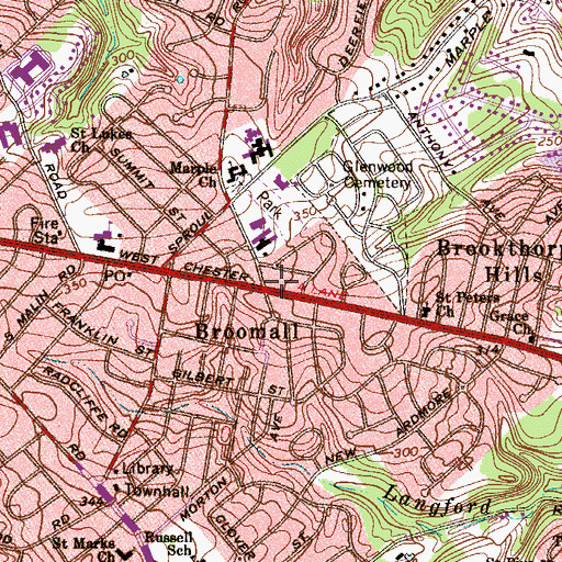 Topographic Map of Broomall, PA