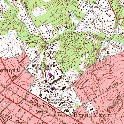 Topographic Map of Bryn Mawr College, PA