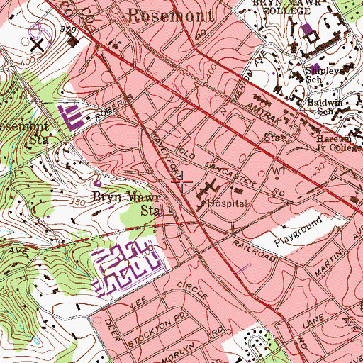 Topographic Map of Bryn Mawr Station, PA