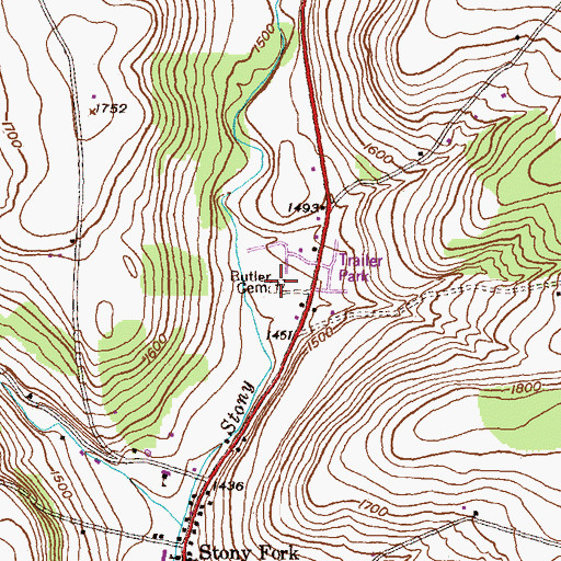 Topographic Map of Butler Cemetery, PA