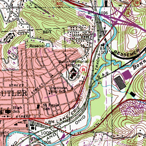 Topographic Map of Butler Memorial Hospital, PA