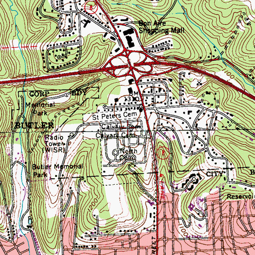Topographic Map of Calvary Cemetery, PA