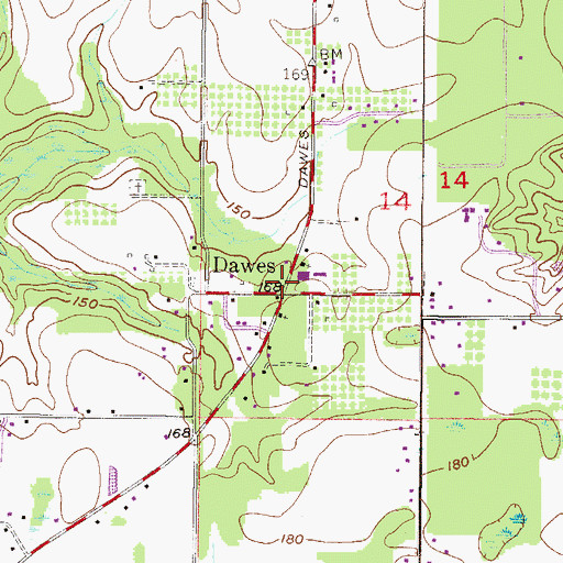 Topographic Map of Dawes, AL