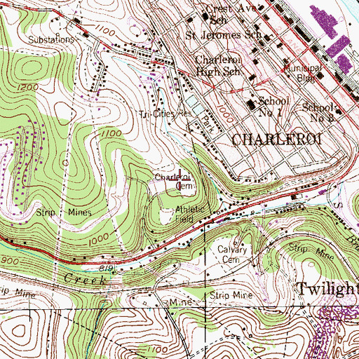 Topographic Map of Charleroi Cemetery, PA