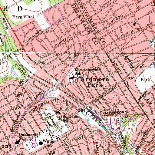 Topographic Map of Chestnutwold School, PA