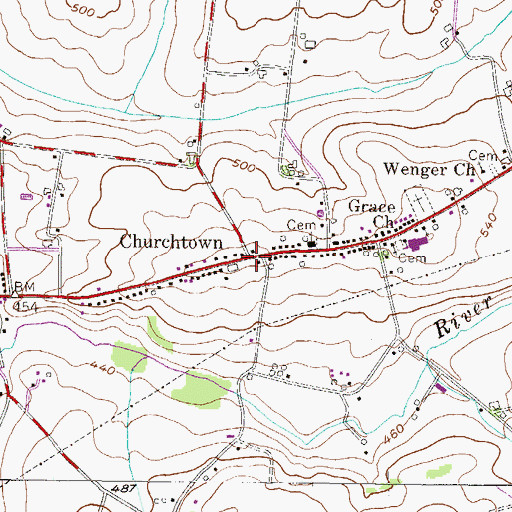 Topographic Map of Churchtown, PA