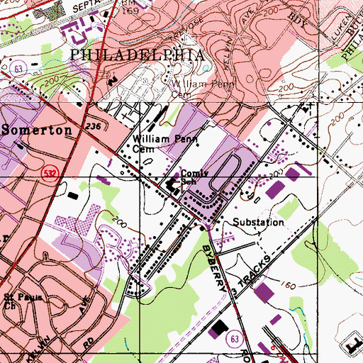 Topographic Map of Comly School, PA