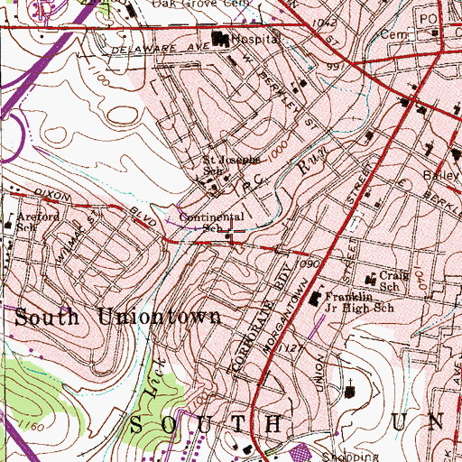Topographic Map of Continental School, PA