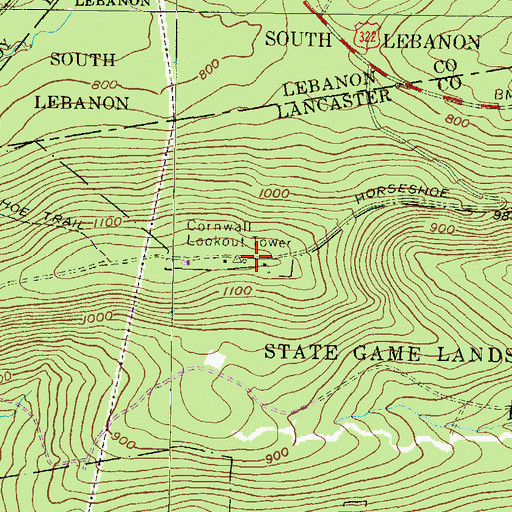 Topographic Map of Cornwall Lookout Tower, PA
