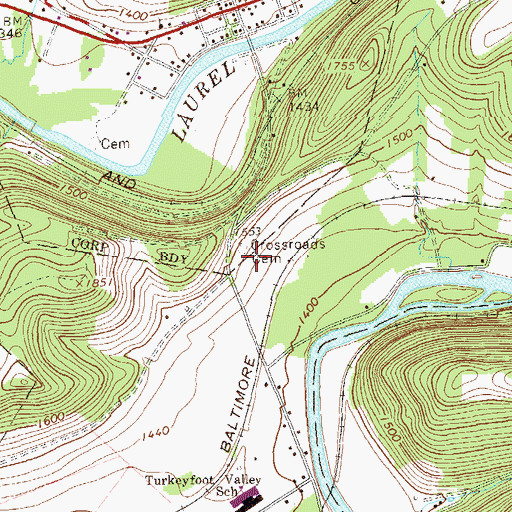 Topographic Map of Crossroads Cemetery, PA