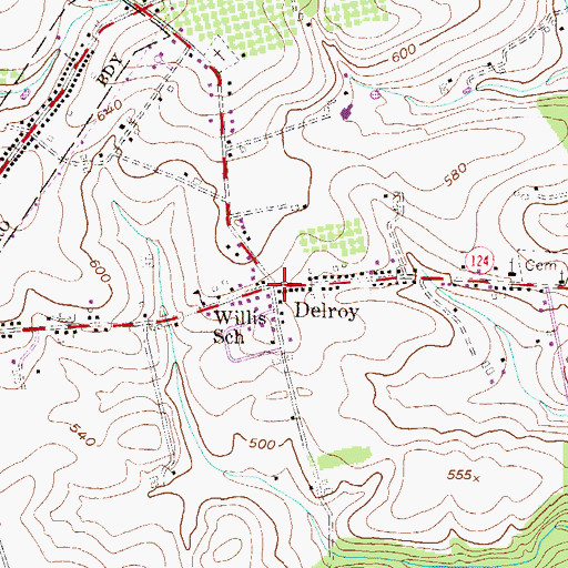 Topographic Map of Delroy, PA