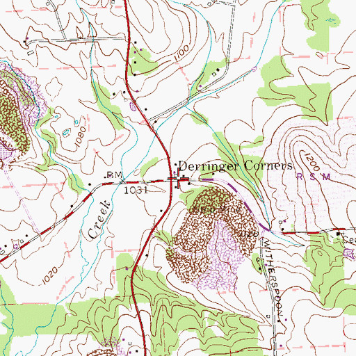 Topographic Map of Derringer Corners, PA