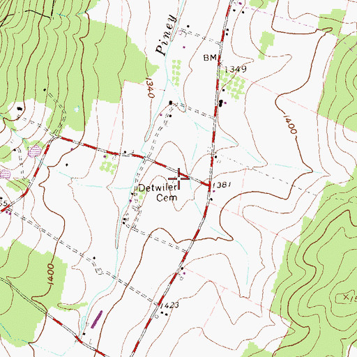 Topographic Map of Detwiler Cemetery, PA