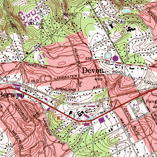 Topographic Map of Devon, PA