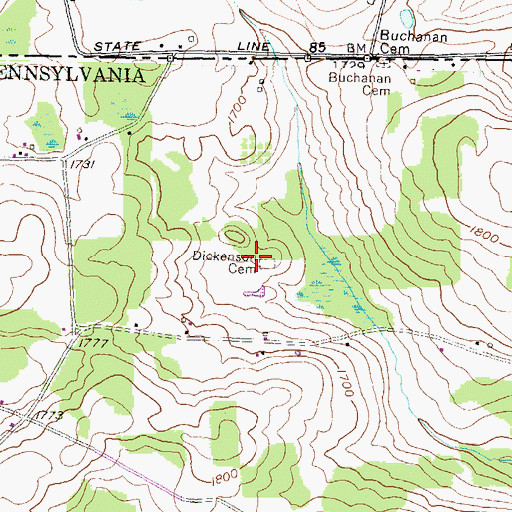 Topographic Map of Dickenson Cemetery, PA