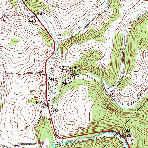 Topographic Map of Dietrichs Mill Bridge, PA