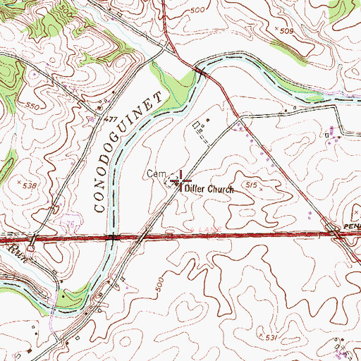 Topographic Map of Diller Church, PA
