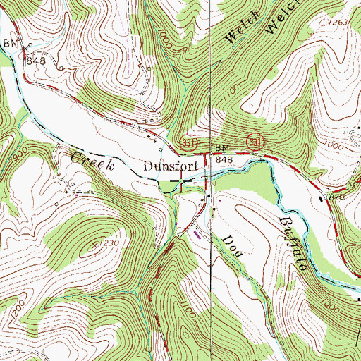 Topographic Map of Dog Run, PA