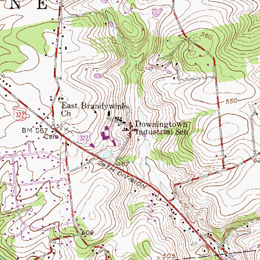 Topographic Map of Downingtown Industrial and Agricultural School, PA