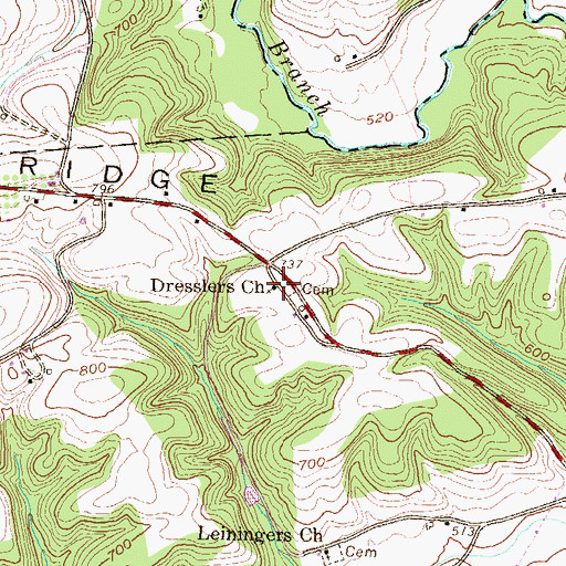 Topographic Map of Dresslers Church, PA