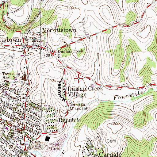 Topographic Map of Dunlap Creek Village, PA