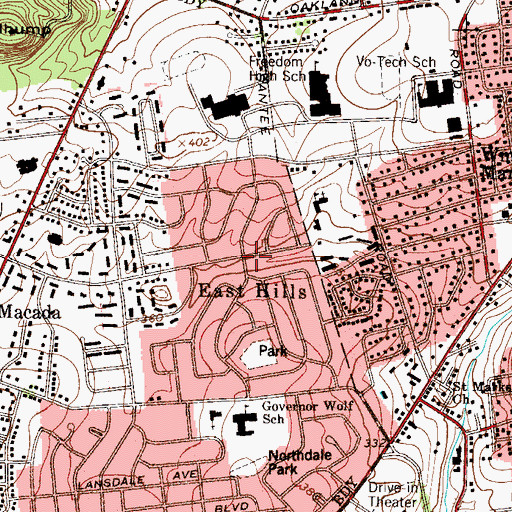Topographic Map of East Hills, PA