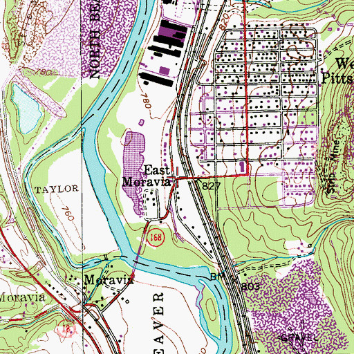 Topographic Map of East Moravia, PA