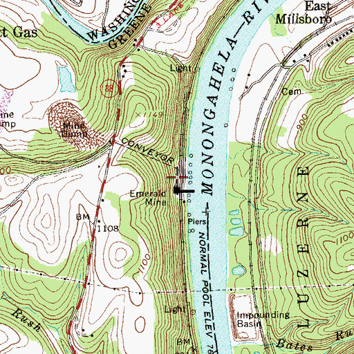 Topographic Map of Emerald Mine, PA