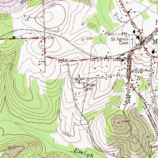 Topographic Map of Emigh Cemetery, PA