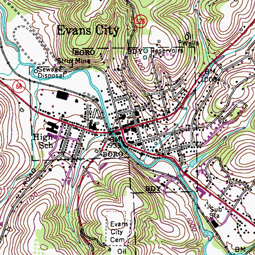 Topographic Map of Evans City, PA