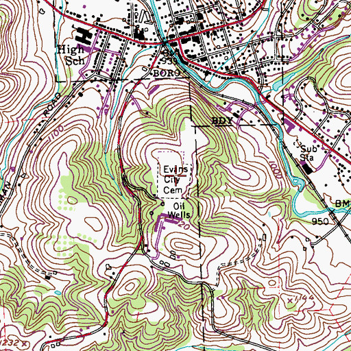 Topographic Map of Evans City Cemetery, PA